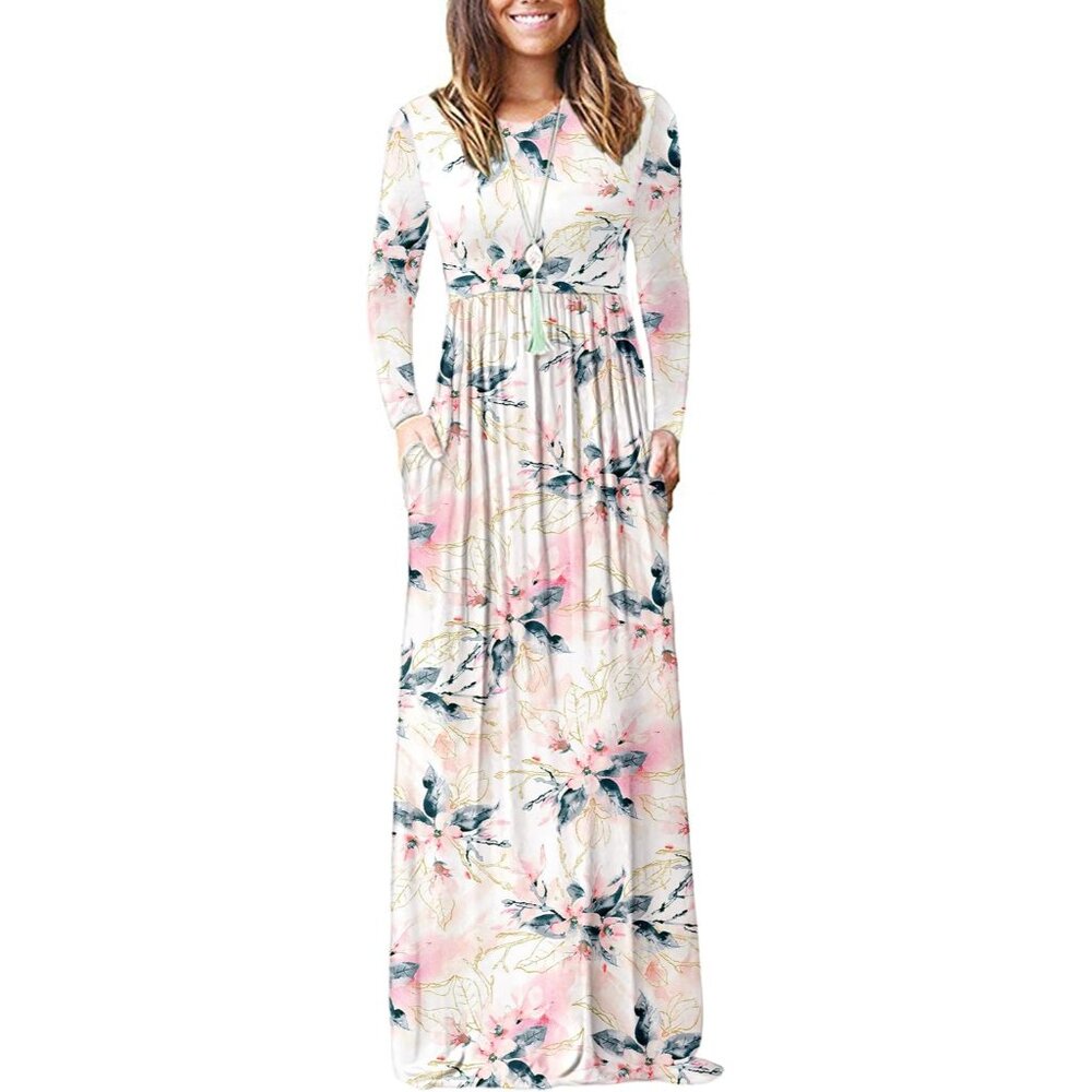 Stylish Women's Long Sleeve Maxi Dress In White Pink Flower Comfortable Fit